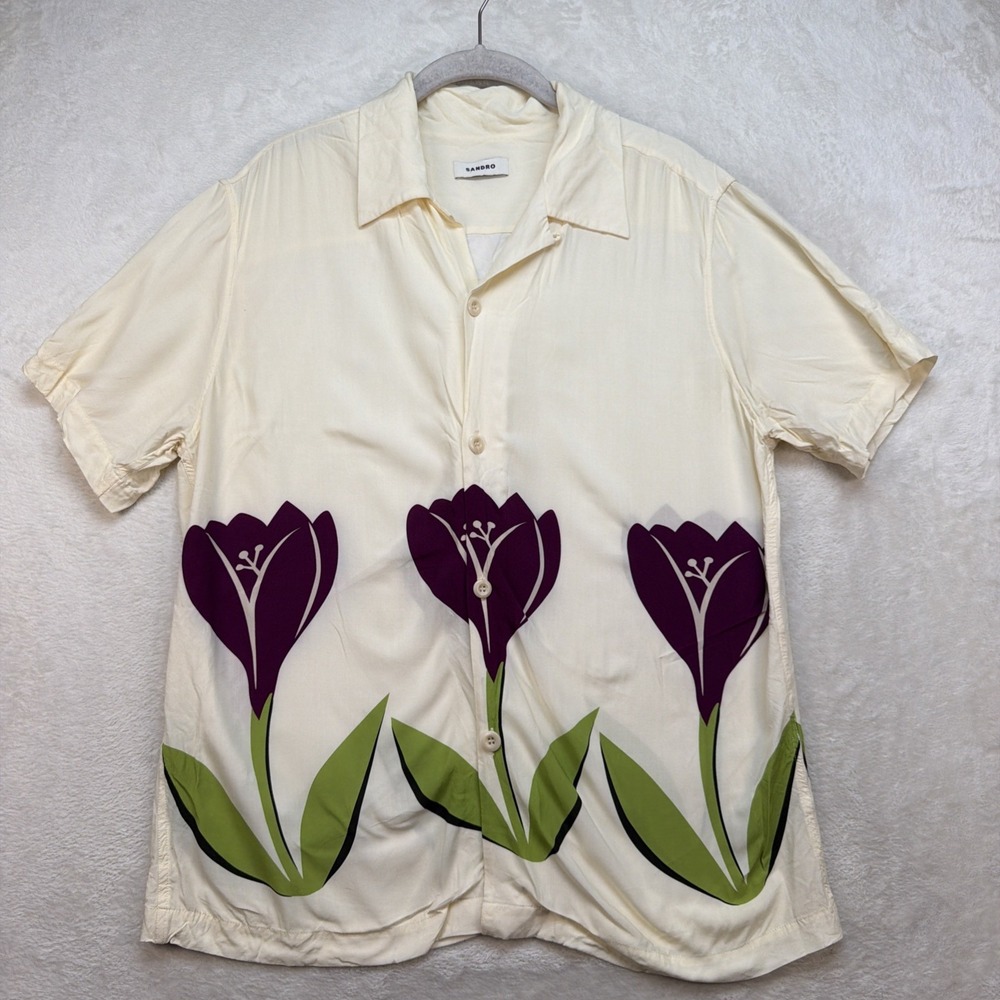 Sandro‎ Tulip Print Camp Collar Shirt Men's Medium Ecru Resort Vacation Floral